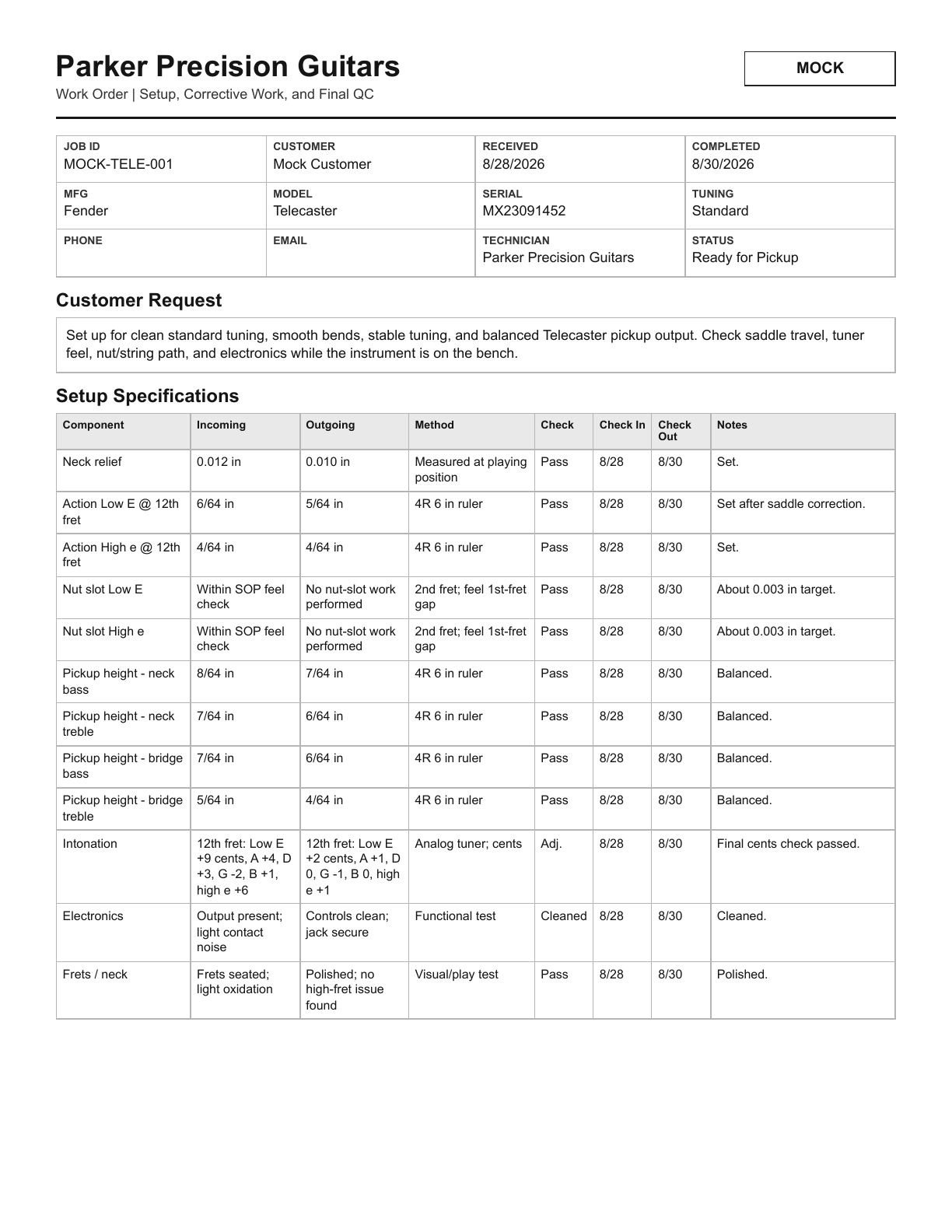 Page 1 of a mock Parker Precision Guitars work order showing customer concern, requested result, and incoming to outgoing setup measurements.