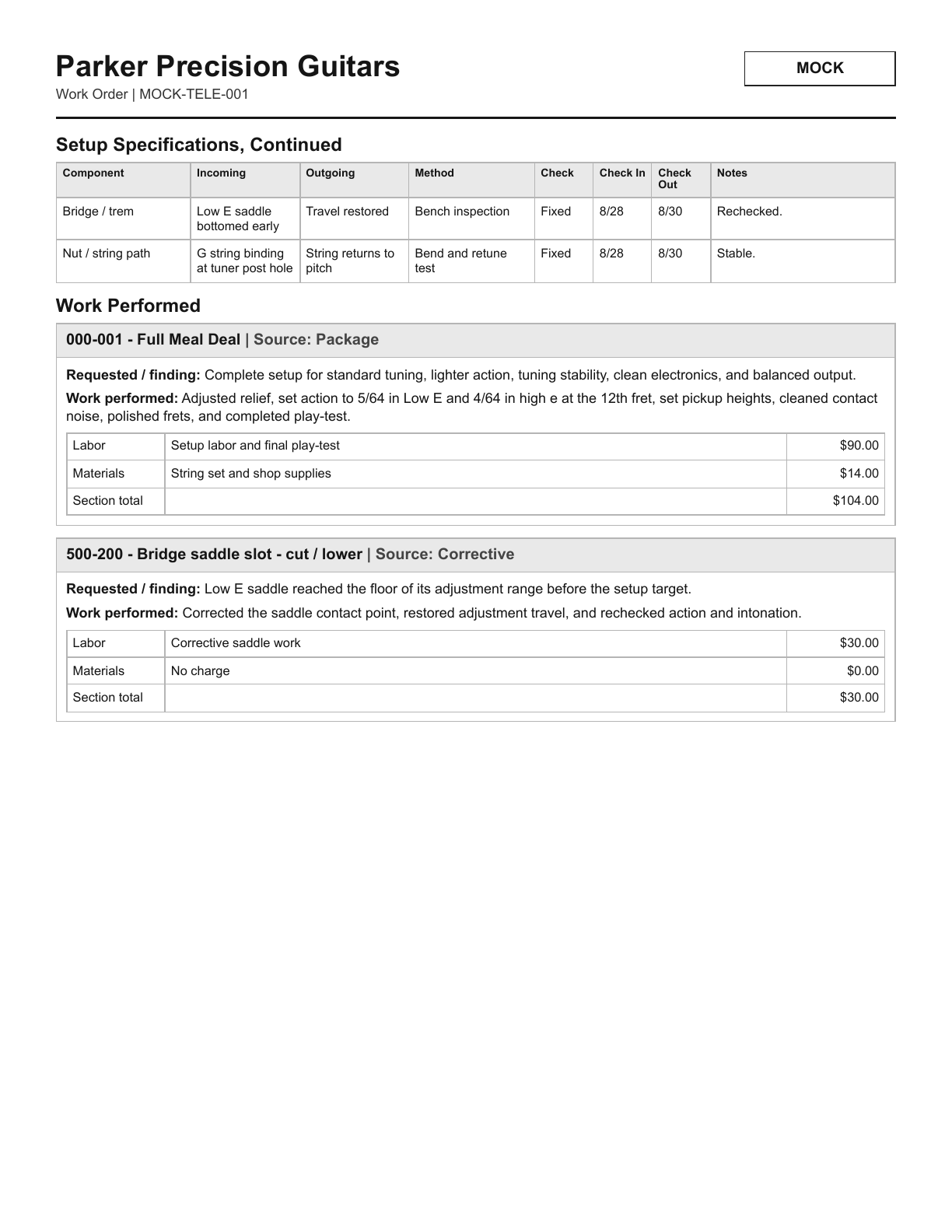 Page 2 of a mock work order showing completed service sections, work performed, labor, materials, and section totals.