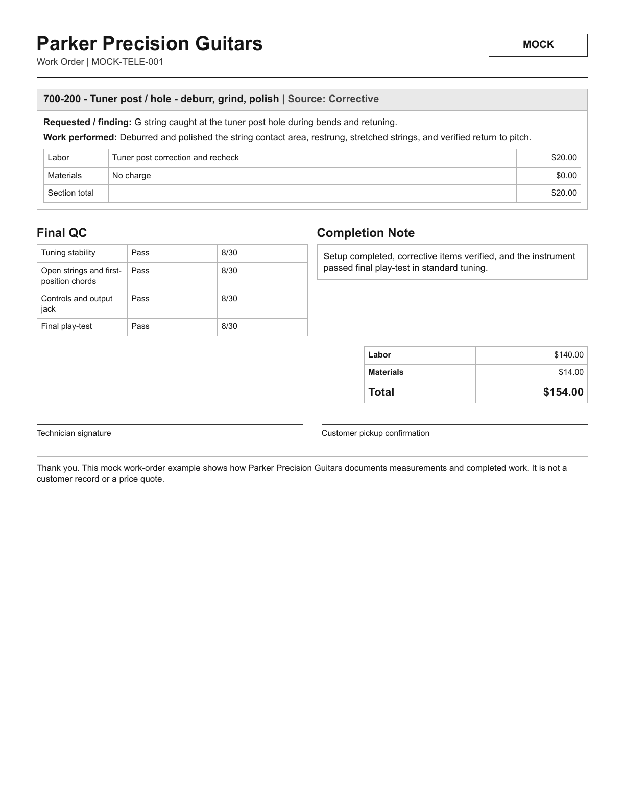 Page 3 of a mock work order showing total, signature line, and sample-document note.